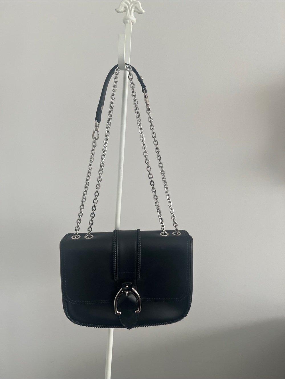 Longchamp Black Leather Shoulder Bag with Silver Chain Strap